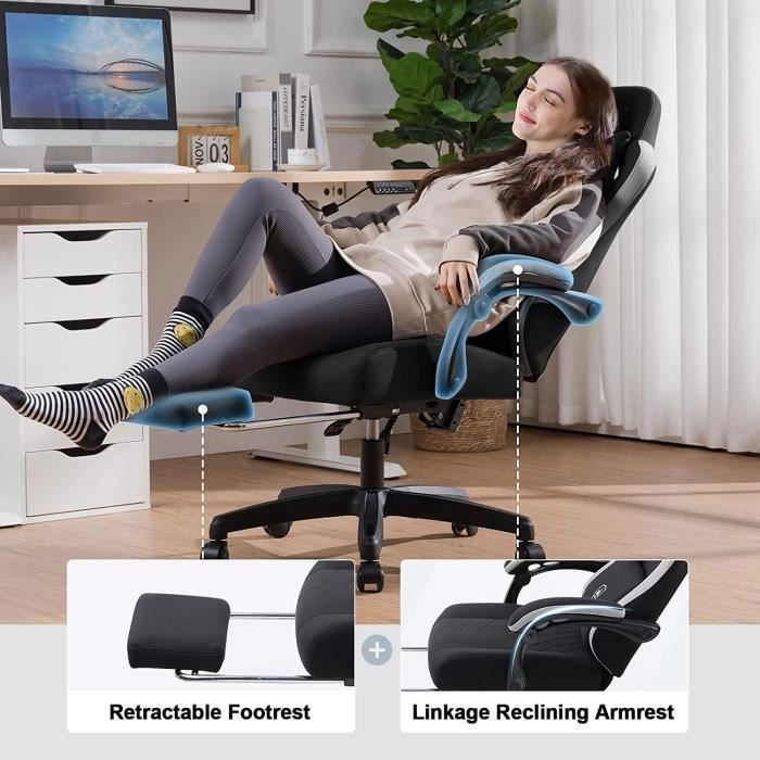 Silla de oficina ergonómica para juegos con reposabrazos reclinables - Altura ajustable hasta 150 kg