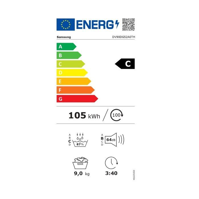 Secadora de ropa Samsung de 60 cm y 9 kg con bomba de calor - DV90DG52A0TH