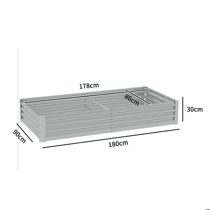 Huerto elevado Outsunny - fondo abierto - con borde anticorte, barras de soporte - acero galvanizado 180 x 90 x 30 cm - gris plata