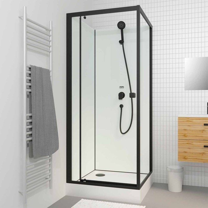 Mampara de ducha cuadrada de 80x80x200 cm - Puerta abatible - Panel trasero blanco y perfiles en negro mate