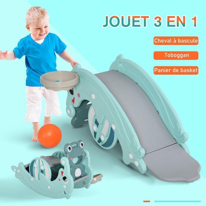 Cheval à bascule - HOMCOM - grenouille 3 en 1 toboggan panier basket 18-36 mois jouet - PP - 72x34x47cm - bleu turquoise