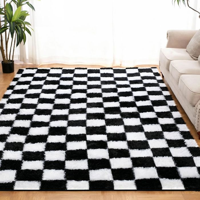 Rugeteppe til stue 160 x 230 cm mykt nattbordsteppe med lang lugg til stue, soverom, sofa, hvit, svart