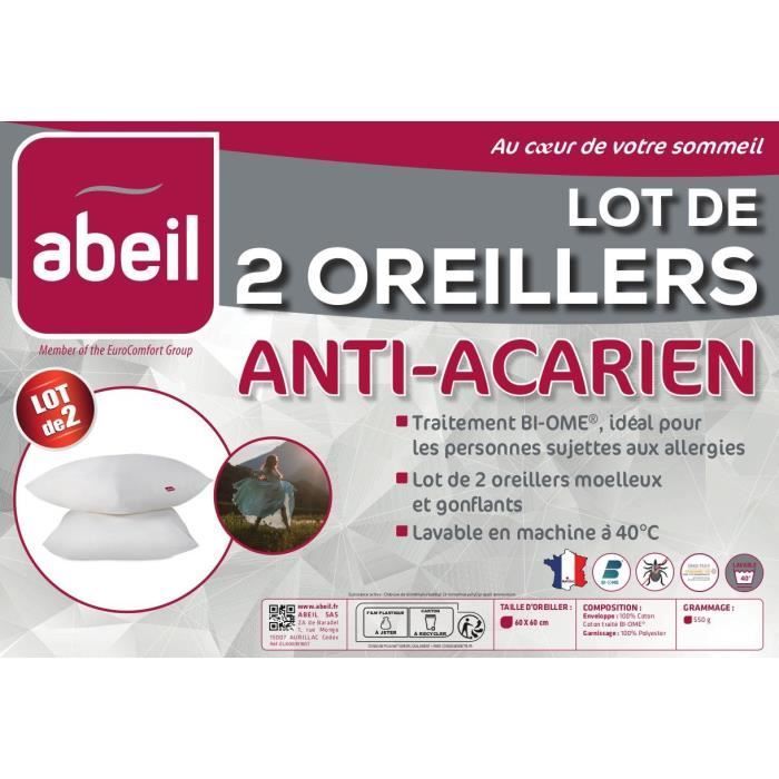 Set di 2 cuscini antiacaro - 60 x 60 cm - 100% cotone trattato Biome® - ABEIL