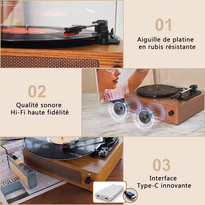 Portable Vintage Turntable, Bluetooth, 3 Speeds (33/45/78 rpm), Built-in Speakers, For Home and Travel Music