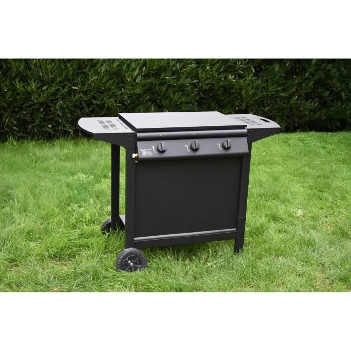Barbacoa de gas + plancha - GRILL GARDEN - Negra - 3 quemadores - Con funda protectora - Encendido piezoeléctrico