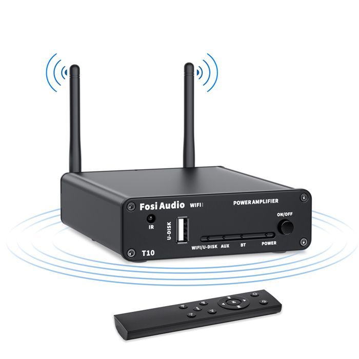 Kabelloser Stereo-Verstärker – RNCYN – T10 – 100 W – HiFi – Heimkino – Fernbedienung – USB-Stick – Schwarz – Metall