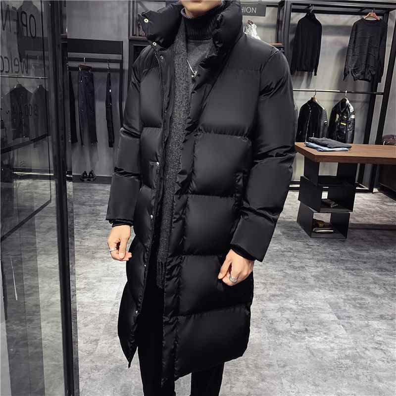 Gewatteerde winterjas voor heren, Koreaanse modetrend, dikkere en langere gewatteerde jas, opstaande kraag, middellange jas voor heren.