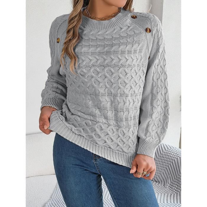 Pull Femme En Tricot Automne Hiver Manches Longues Casual Pullover Hauts Lâche Col Rond Couleur Unie Confortable - Gris