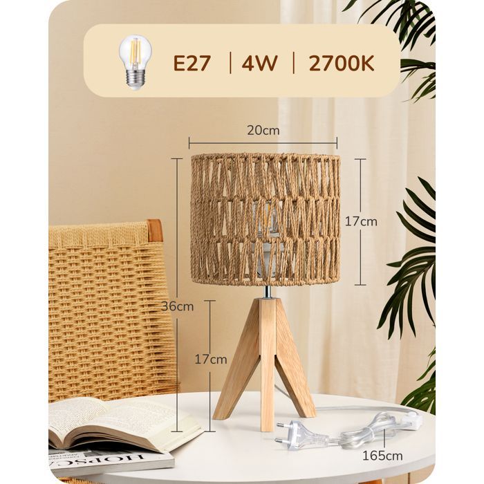 Lámpara de mesa vintage con pantalla de cuerda tejida a mano, bombilla LED E27 incluida, trípode vintage.
