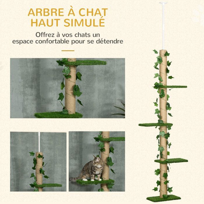 Tiragraffi per gatti - PawHut - regolabile dal pavimento al soffitto, erba artificiale a 4 livelli - morbido - 37x21x202-242 cm - verde