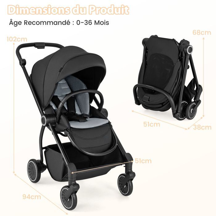 COSTWAY Foldable Baby Stroller with Reversible Seat & Reclining Backrest, Lower Basket, 5-Point Harness, 15 kg, Black