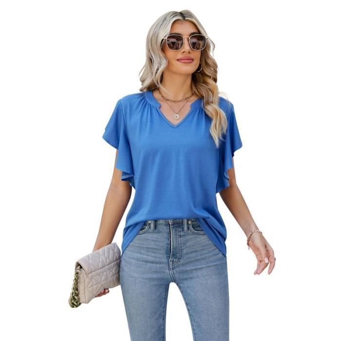 Camiseta informal de manga corta con cuello en V y mangas con volantes para mujer, color liso - Azul