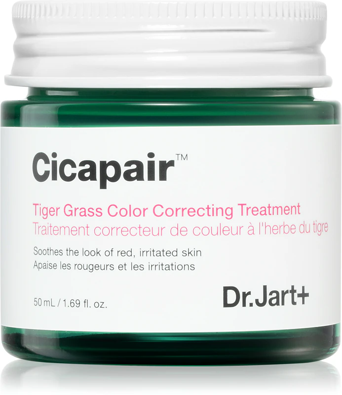 creme de tratamento corretor de cor Dr. Jart+ Cicapair™ Tiger Grass reduz intensamente a vermelhidão.