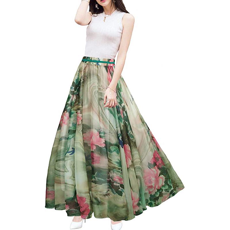 Jupe longue d'été en mousseline de soie à imprimé floral, style cache-cœur, pour femme