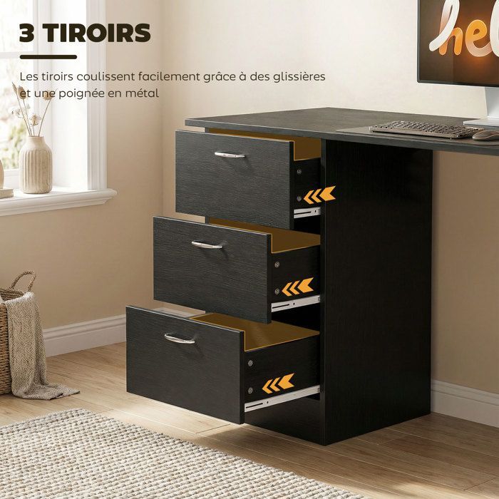 Escritorio para ordenador - HOMCOM - 3 cajones, 3 estantes, escritorio/estudio reversible con almacenamiento - Tablero de partículas - Negro