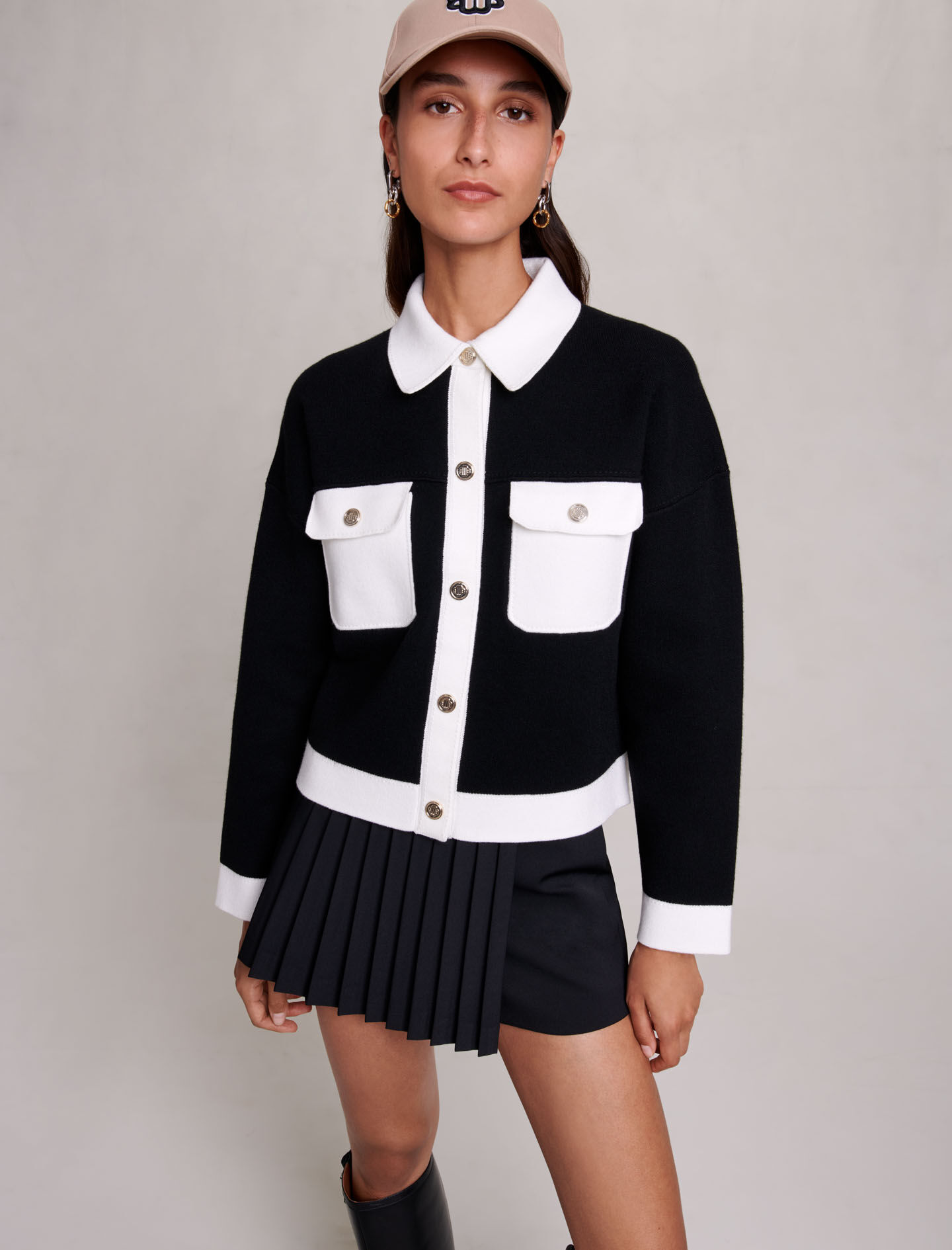 Cardigan-jachetă tricotată-Negru / Ecru
