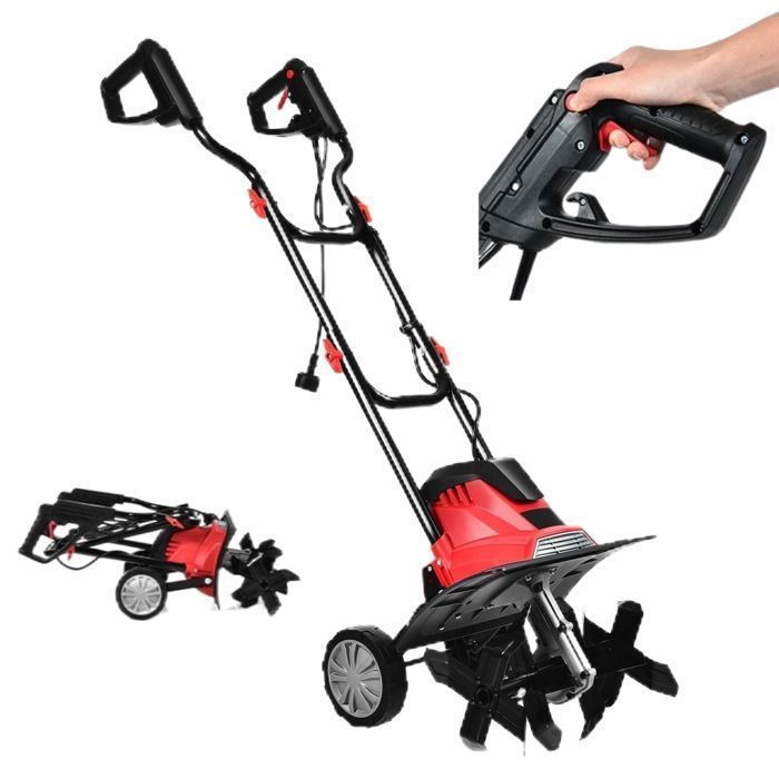 Motobineuse Motoculteur 1200W COSTWAY-Largeur de Travail 35cm-Profondeur 22cm-2 Roues Réglables-Bouclier-4 Fraises-Poignée Pliable