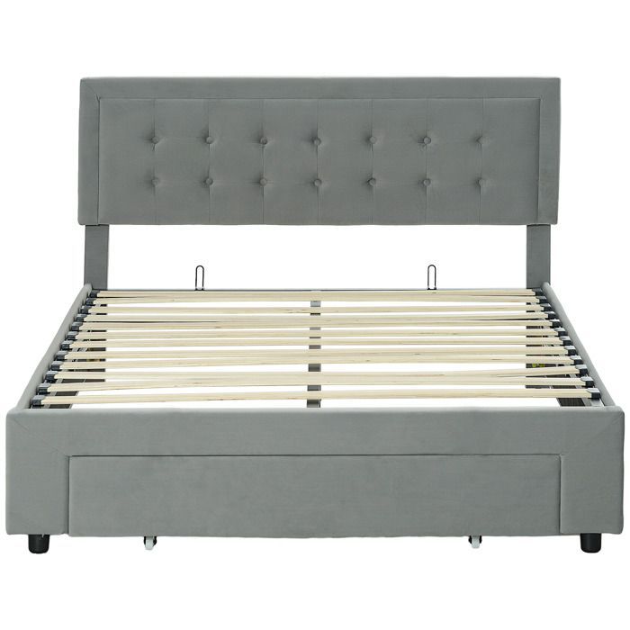 Estructura de cama doble - HOMCOM - base con almacenamiento y resortes de gas - cajón con ruedas - cabecero ajustable con tapizado efecto terciopelo - gris