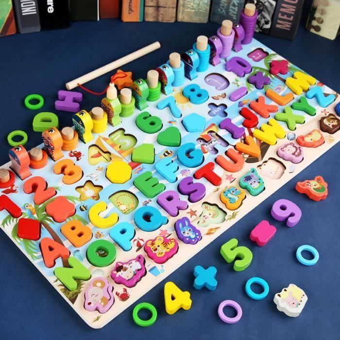 Jouet Puzzle en Bois Montessori Jeu Éducatif Mathématiques pour Enfants Bébé, Apprendre Les Chiffres et Les Lettres de l’Alp