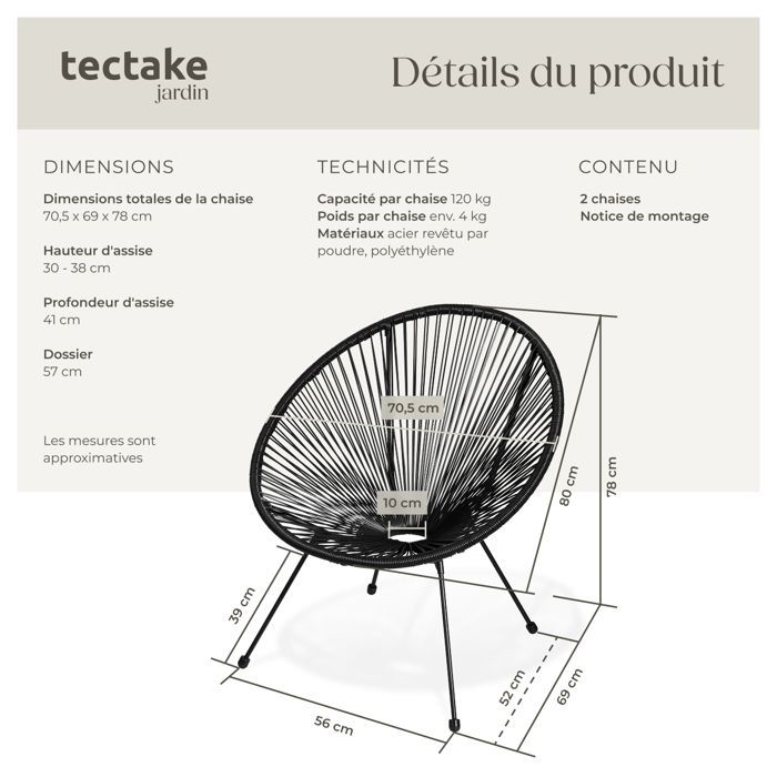 Garden chairs - TECTAKE - Set of 2 SANTANA garden chairs with elastic polyethylene rope, 70.5 x 69 x 78 cm - Black