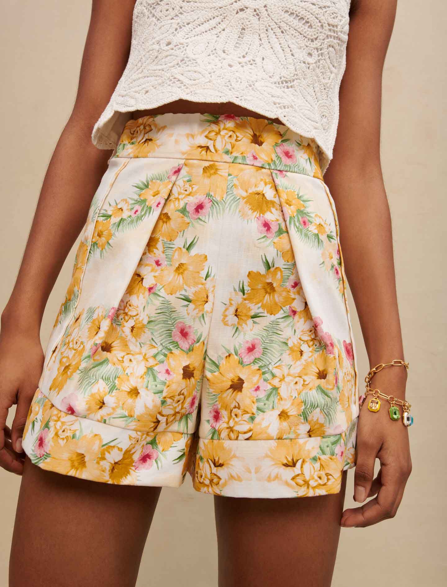 Pantaloni scurți cu talie înaltă - Hibiscus galben/verde