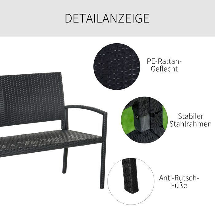 polyrattan banc de jardin banc de parc 2 places avec cadre en acier et tressé noir B122 x T60 X h87cm pour jardin