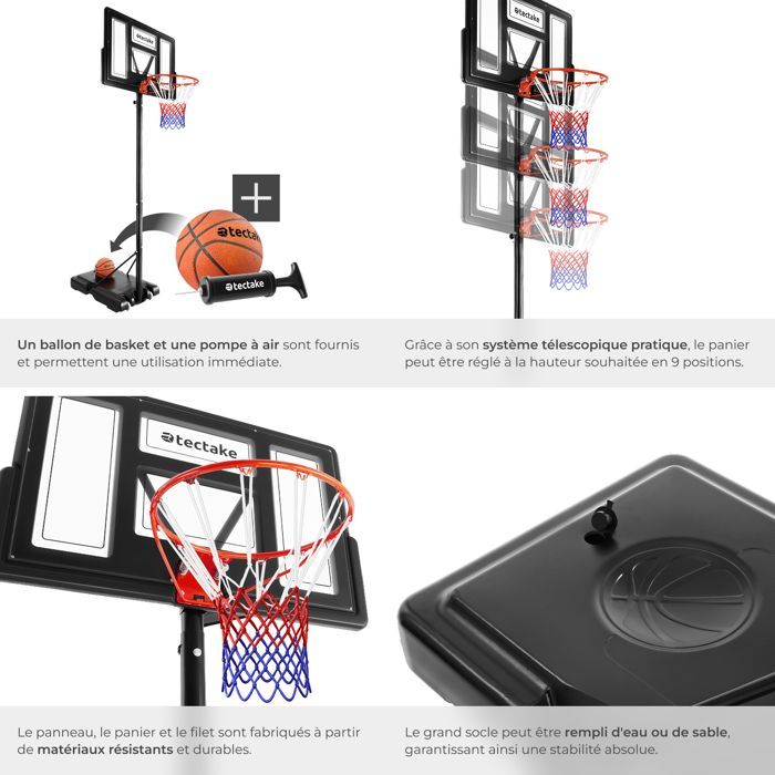Aro de baloncesto - TECTAKE - Aro DIRK con balón, bomba y 2 redes con ruedas - 230 a 305 cm de altura