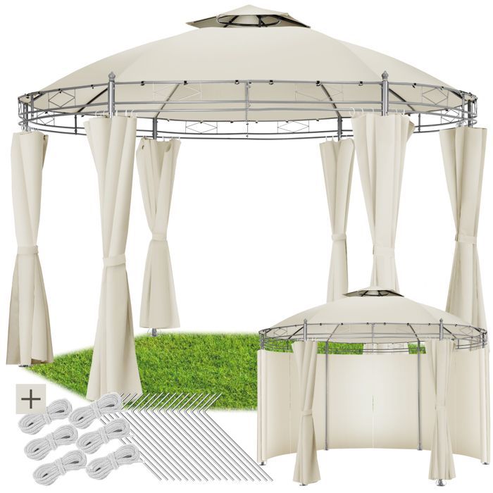 Pabellón de jardín - TECTAKE - Cenador SIANA con 6 paneles laterales de tejido hidrófugo, 3,5 m - Crema