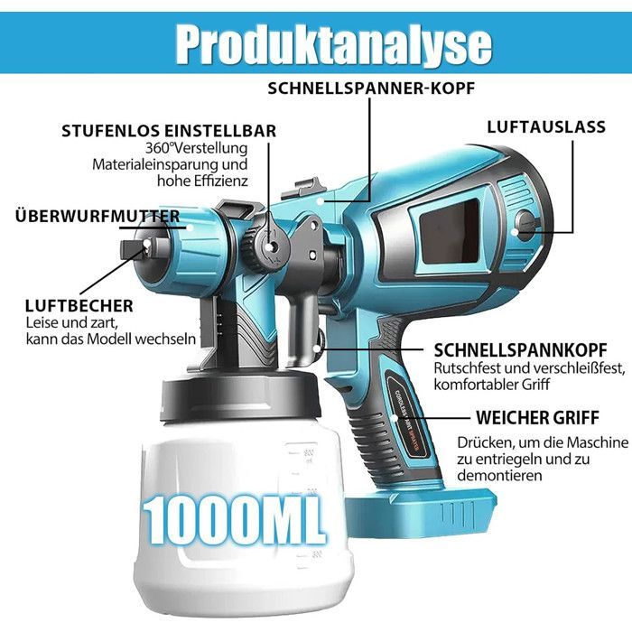Pistolet Peinture Sans Fil HVLP 550W 1000ml Avec 2 Batteries Compatible Makita 18V Station Peinture Mur Auto Bois Clôture