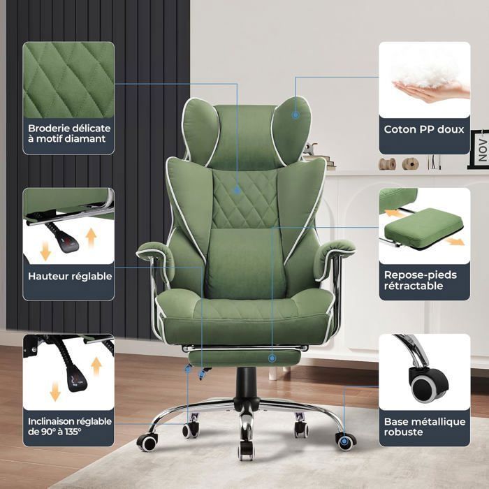 Chaise Gaming, Ergonomique Fauteuil de Bureau avec Support Lombaire à Ressorts ensachés,Vert
