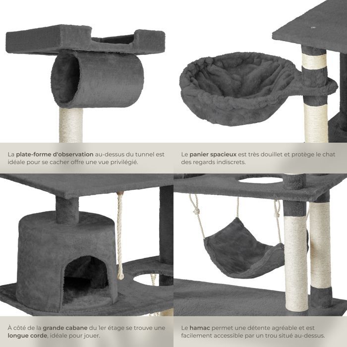 Arbre à chat - TECTAKE - Mobilier pour chat MARCEL 141 cm de hauteur avec cordelette, griffoir et zones de couchage - Gris