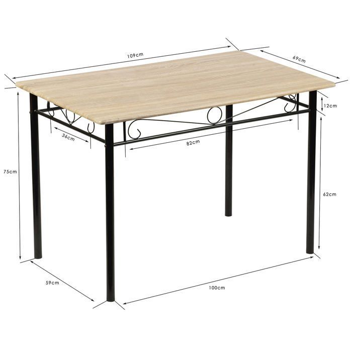 Conjunto de mesa de comedor (109 x 69 x 75 cm) y 4 sillas - Haya clara y negro - Estilo industrial, para cocina, comedor o sala de estar.