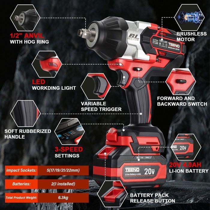 Llave de impacto inalámbrica sin escobillas TEENO de 20 V - 1300 Nm - 1/2