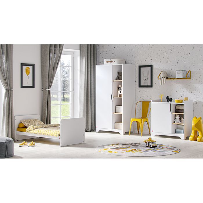 Complete bedroom set including convertible crib, changing table, and 1-door wardrobe, Vox Leaf White and wood