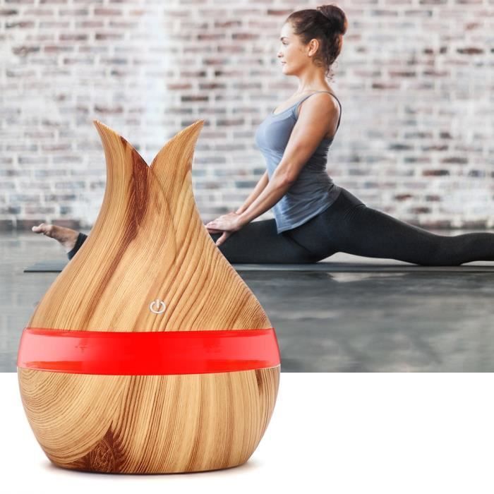 VINGVO 300ml Diffuseur d'arôme huile essentielle humidificateur d'air 7 couleurs LED veilleuse léger grain en bois