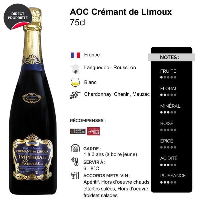 Crémant de Limoux Impérial Brut Tendre Blanc - 3 botellas de 75 cl - Maison Guinot - Vino blanco espumoso AOC de Languedoc-Rosellón