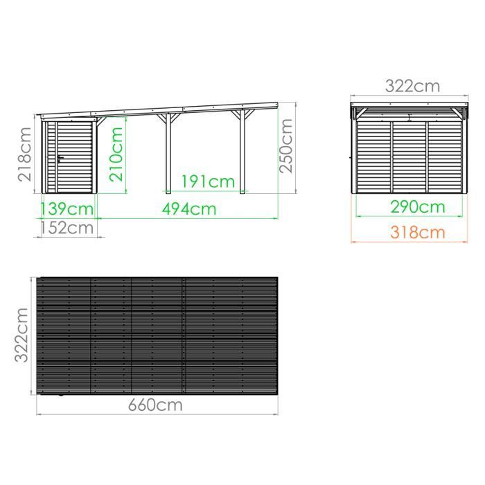 Posto auto coperto in legno per 1 auto con annesso, 20,9 m²