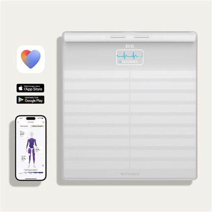 Balance Connectée - Withings - Body Scan - Blanche - Électrocardiogramme - 180 kg - 50 g de graduation