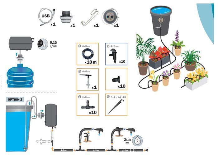 Kit d'arrosage goutte à goutte autonome - Pompe programmable à batterie - Arrosage jusqu'à 10 plantes