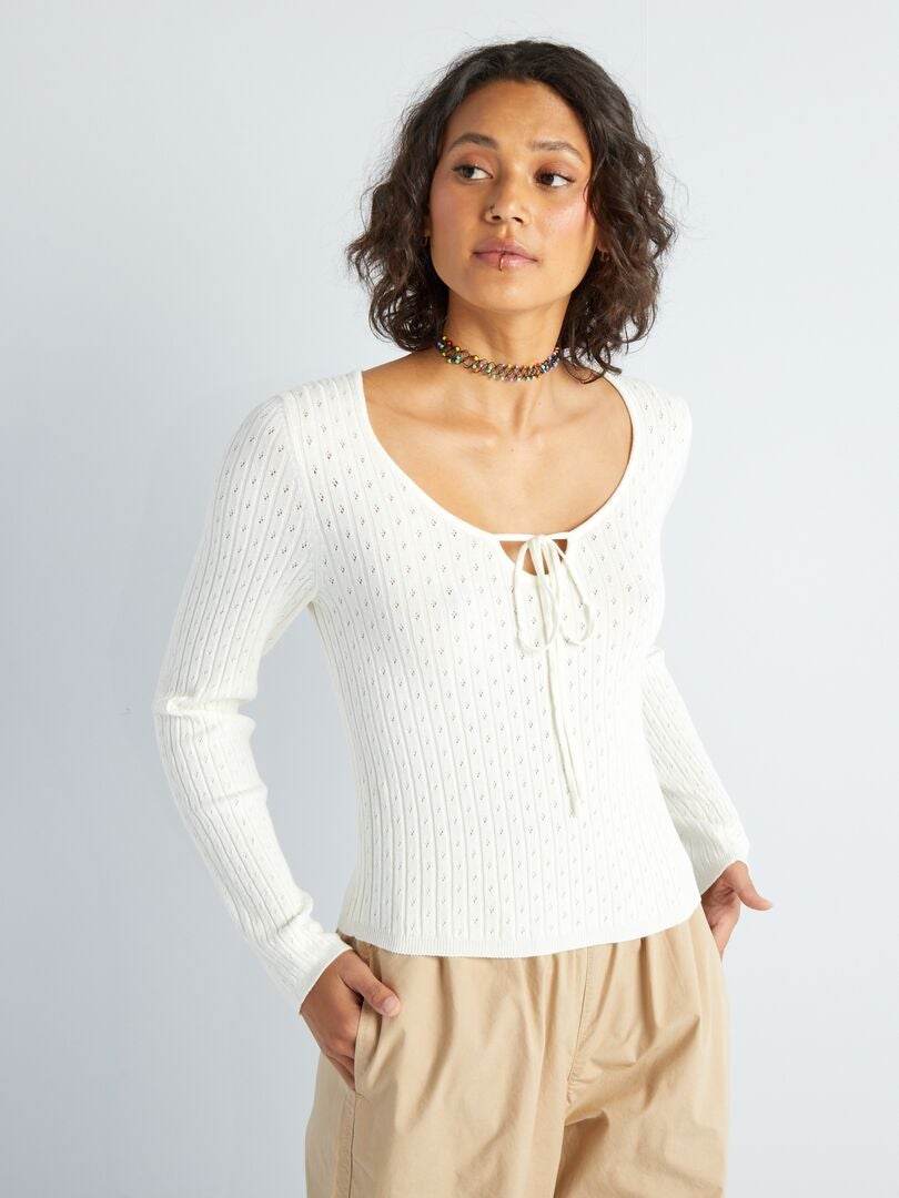 Gebreide trui met pointelle-patroon - WIT