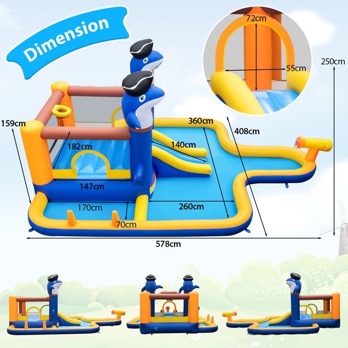 Château Gonflable 7 en 1 Enfants DREAMADE avec Souffleur 680W, Toboggan, Trampoline, Piscine Jeu de Boxe, Canon à Eau, 3 - 10 Ans