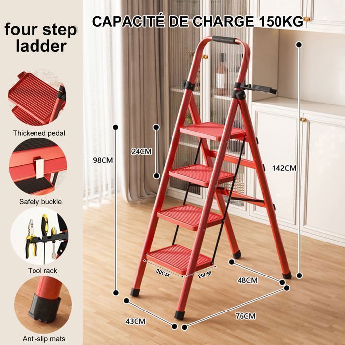 Taburete plegable Seven Comfort de 4 peldaños con pedal antideslizante - Capacidad de carga de 150 kg - Acero - Rojo