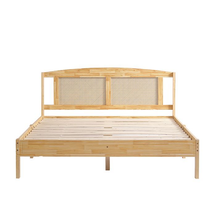 Lit adulte 160x200cm Lit double - avec lattes et pieds centraux - SWEIKO - pin + rotin PE Naturel
