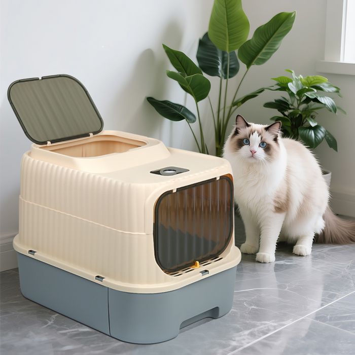 Bac à Litière Fermé pour Grand Chat, Maison de Toilette, Plateau Amovible, Pelle, Brosse, Capacité 18 kg, Anti-fuites, Gris