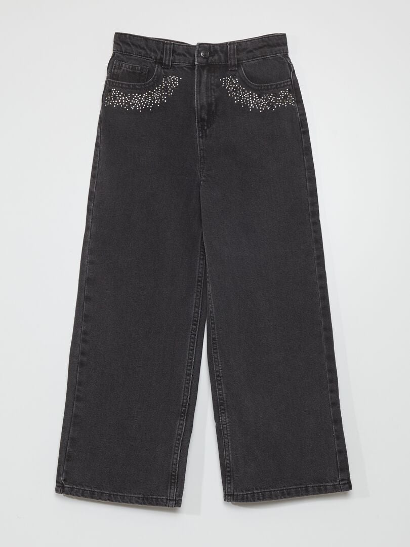 Calça jeans de pernas largas com strass - CINZA