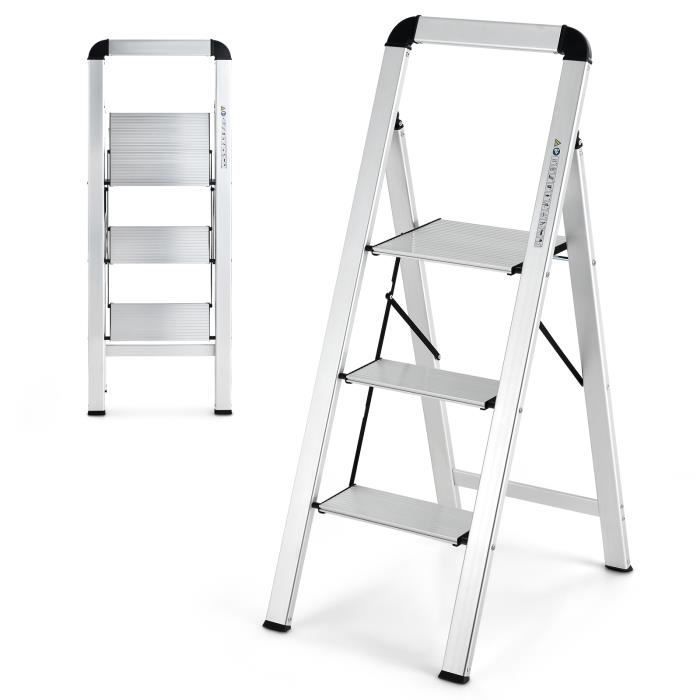 Escalera plegable de aluminio de 3 peldaños COSTWAY, portátil con plataforma ancha, peldaños antideslizantes, patas de goma, capacidad de carga de 150 kg.