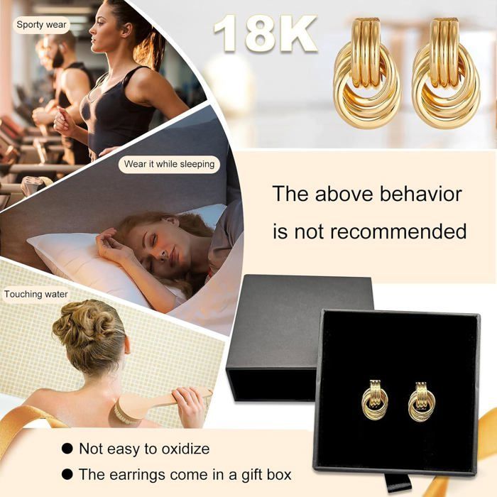 18k gold earrings with gift box, geometric design for women and girls, dangling earrings with large gold bows, jewelry