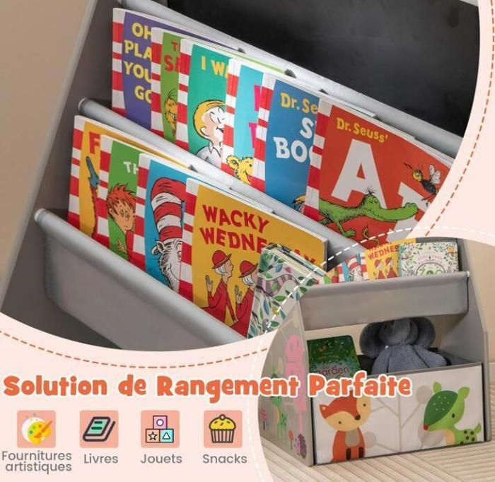 Tableau Enfant 3 en 1 -DREAMADE - Planche à Dessin Double Face - Bac de Rangement - Bibliothèque à 2 Etagères - 3-6 Ans - Gris