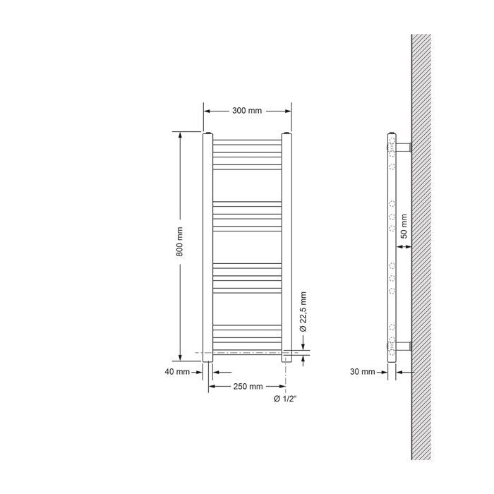 Radiatore da bagno ECD Germania - 300 x 800 mm - Bianco - Dritto con attacco laterale - Scaldasalviette - Non elettrico