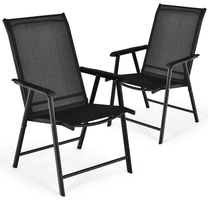 Juego de 2 sillas plegables de jardín para exteriores COSTWAY, con cierre de seguridad, estructura metálica y capacidad de carga de 150 kg, ideales para patio o playa. Color negro.